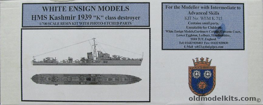 White Ensign 1/700 HMS Kashmir (1939) K Class Destroyer, WEMK715 plastic model kit